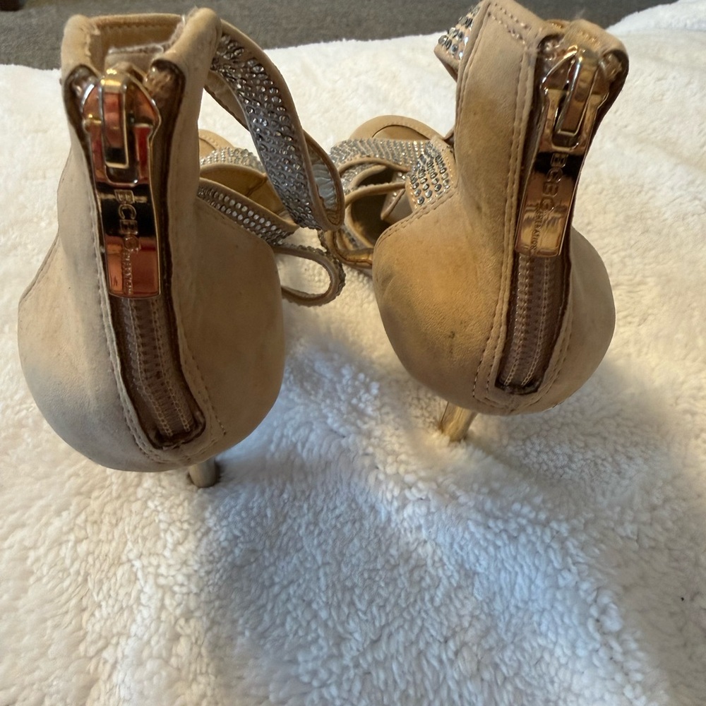 BCBGeneration Tan Strappy Heels with Rhinestones - Picture 3 of 5